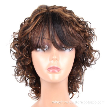 Highlight Color Short Curly Remy Brazilian Human Hair Wigs With Bangs
